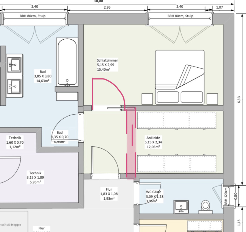 Grundriss eines Apartments: Schlafzimmer mit Ankleide, Bad, WC Gäste, Flur.