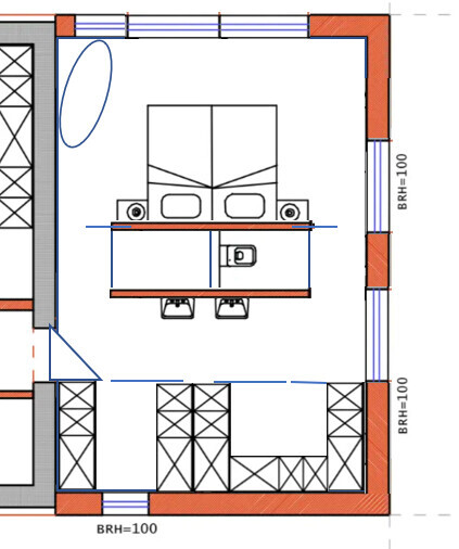 Schlafzimmer-Grundriss: Bett mit Nachttischen, Spiegel, Kleiderschränke, Stühle