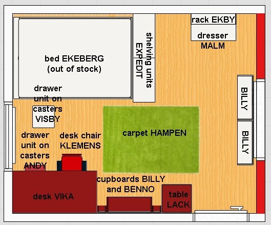 2D-Grundriss eines Schlafzimmers mit Bett, Schreibtisch, Schränken und Teppich