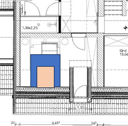 2D-Grundriss eines Schlafzimmers mit blauem Bett im Plan