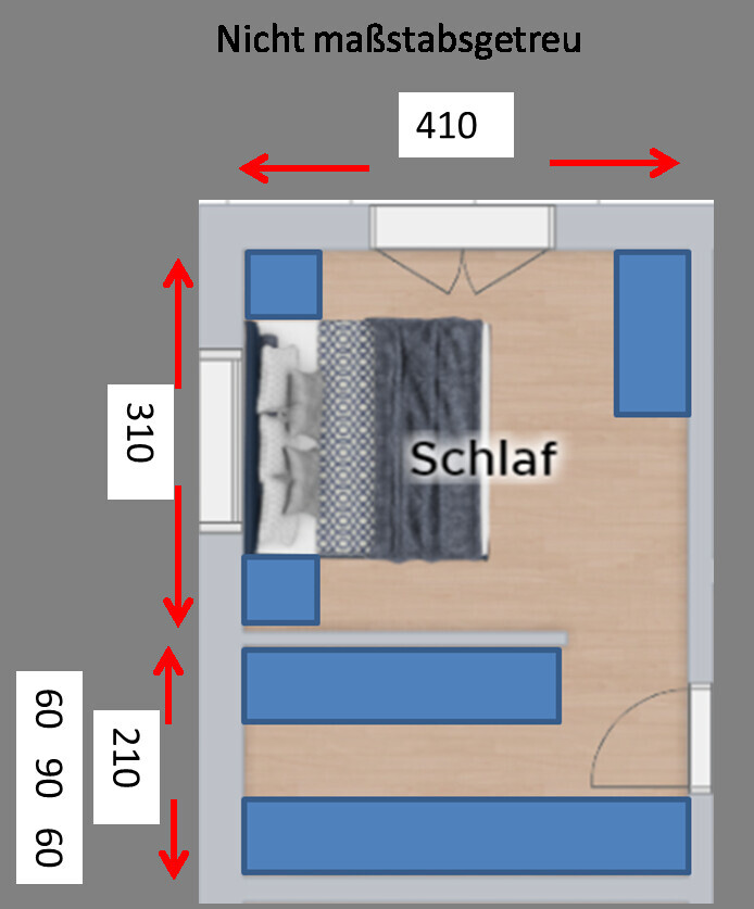 Schlafzimmer Grundriss mit Bett, Kleiderschränken und Sitzmöbeln im Plan