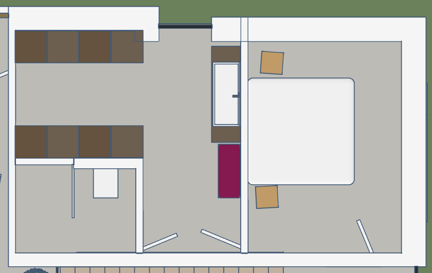 Grundriss eines Apartments: links Wohnzimmer; zentraler Flur; rechts Schlafzimmer mit Bett.