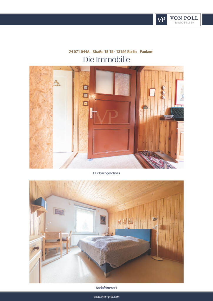 Zwei Innenaufnahmen: Flur im Dachgeschoss mit Holzwänden; Schlafzimmer mit Bett.