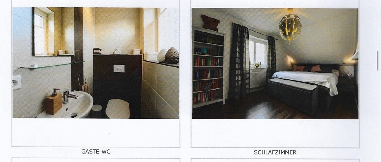 Gäste-WC links mit Waschbecken und Toilette; Schlafzimmer rechts mit Bett und Bücherregal.