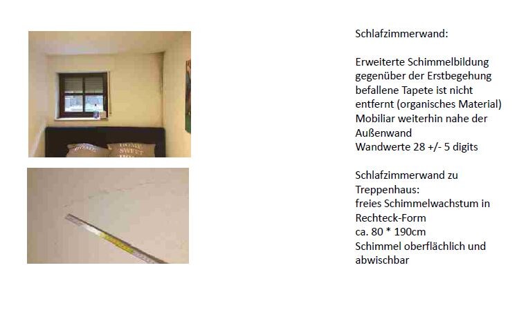 Schlafzimmerwand mit Schimmelbefall und Maßband, zwei Ansichten