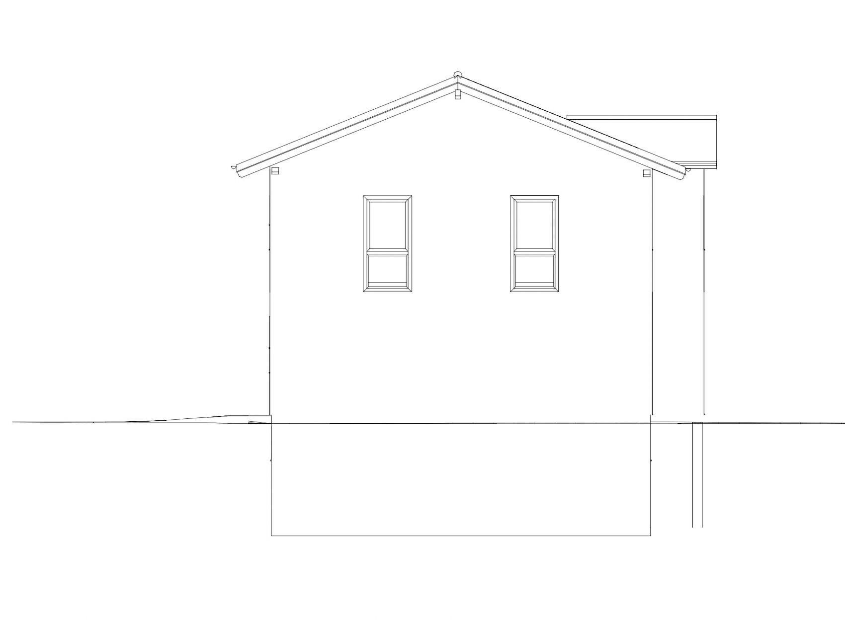 Frontansicht eines Hauses mit Satteldach, zwei Fenstern und Bodenlinie (Linienzeichnung).