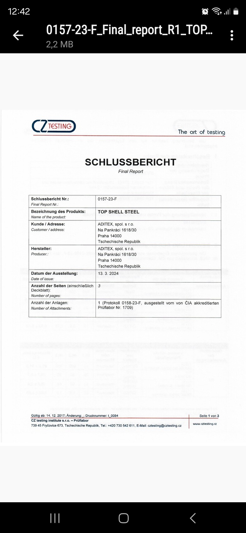 Abschlussbericht: Final Report zu TOP SHELL STEEL von CZ Testing.