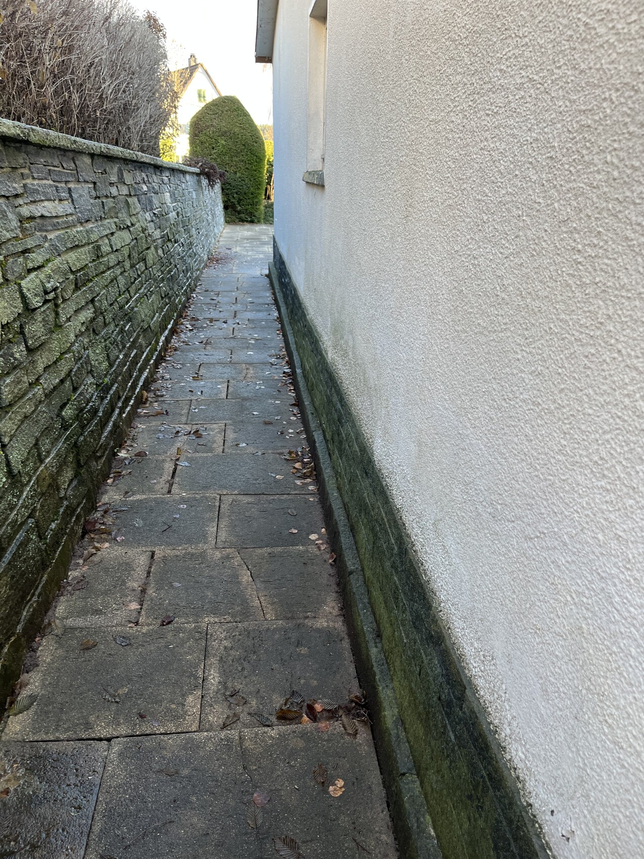 Enge Gasse zwischen Steinmauer links und weißer Wand rechts; Pflasterweg mit Laub.