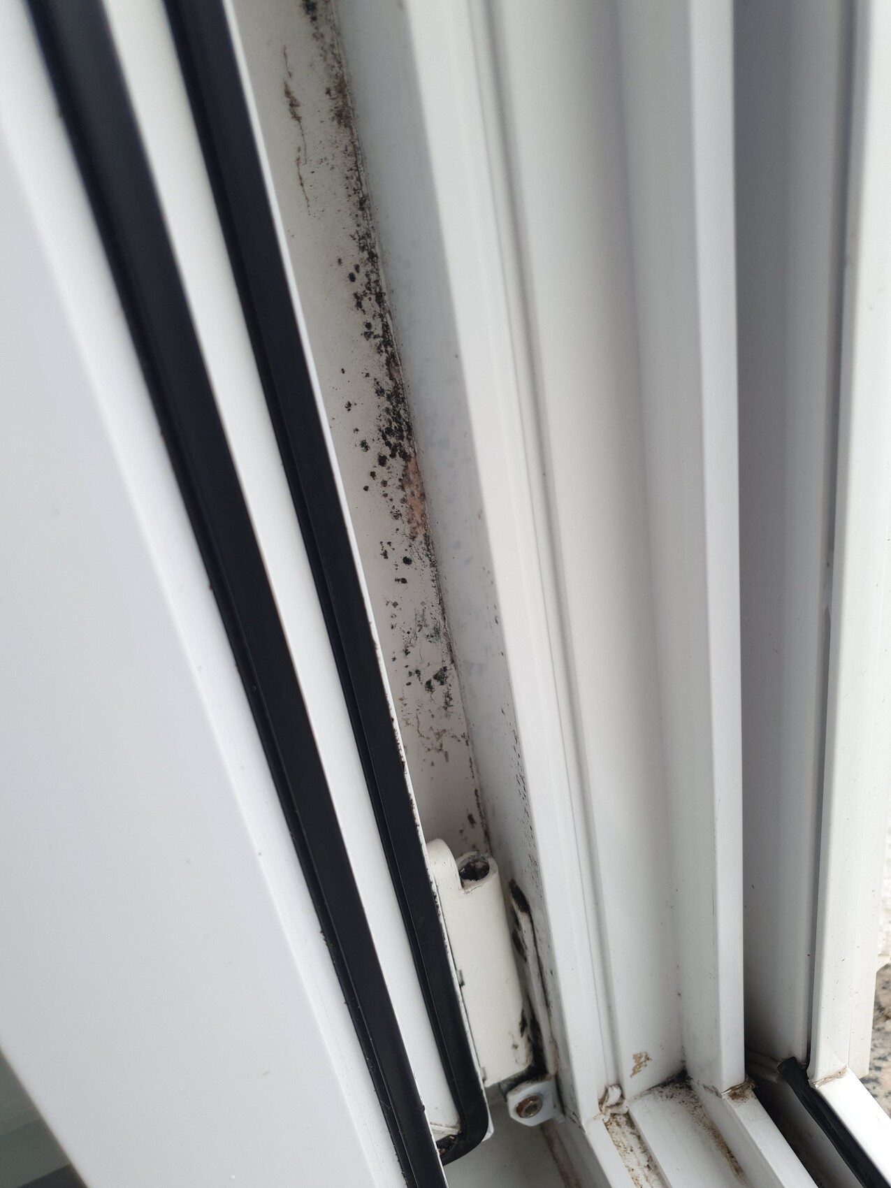 Weißer Fensterrahmen mit verschmutzter Dichtung und Rostflecken an der Kante.