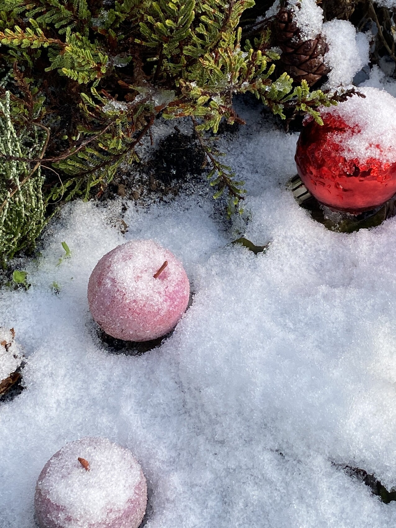 Schnee bedeckt Tannenzweige; rote und pinke Christbaumkugeln liegen im Schnee neben Zapfen.