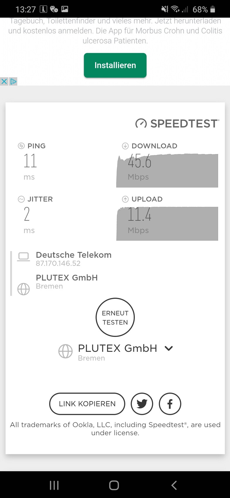 Speedtest-Ergebnis: Ping 11 ms, Download 45.0 Mbps, Upload 11.4 Mbps, Deutsche Telekom.