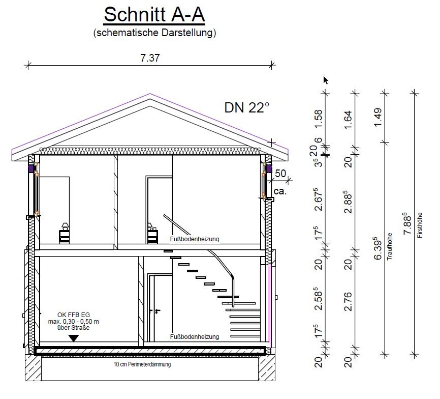 Schnitt A-A durch zweigeschossiges Haus mit Treppe, Fußbodenheizung, Dämmung und Dachkonstruktion.