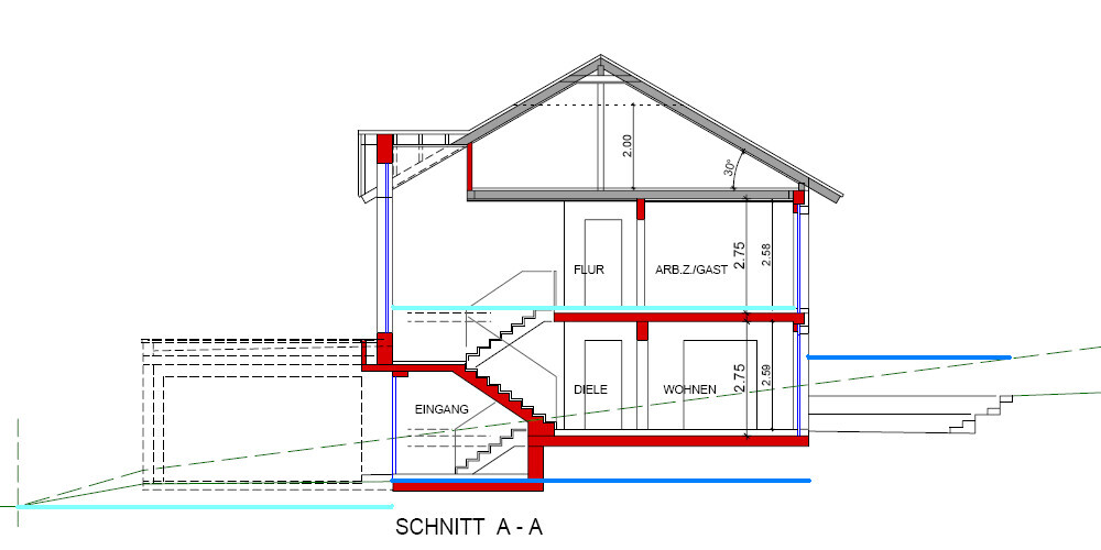 Schnitt A-A eines Hauses mit Treppen, Eingangsbereich, Diele, Wohnen und Dachstuhl.
