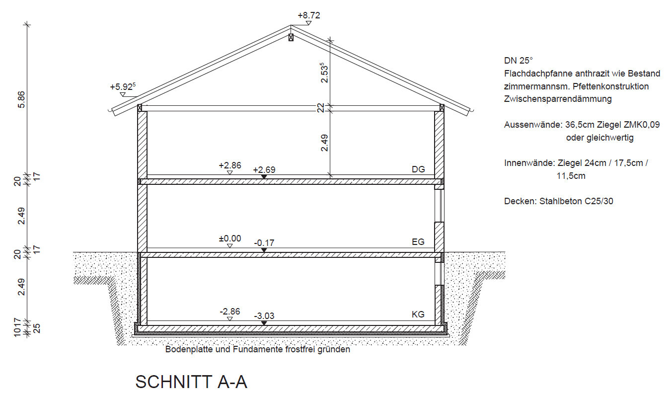 Technischer Schnitt A-A eines zweigeschossigen Hauses mit Dach, Fundamenten und Maßangaben.