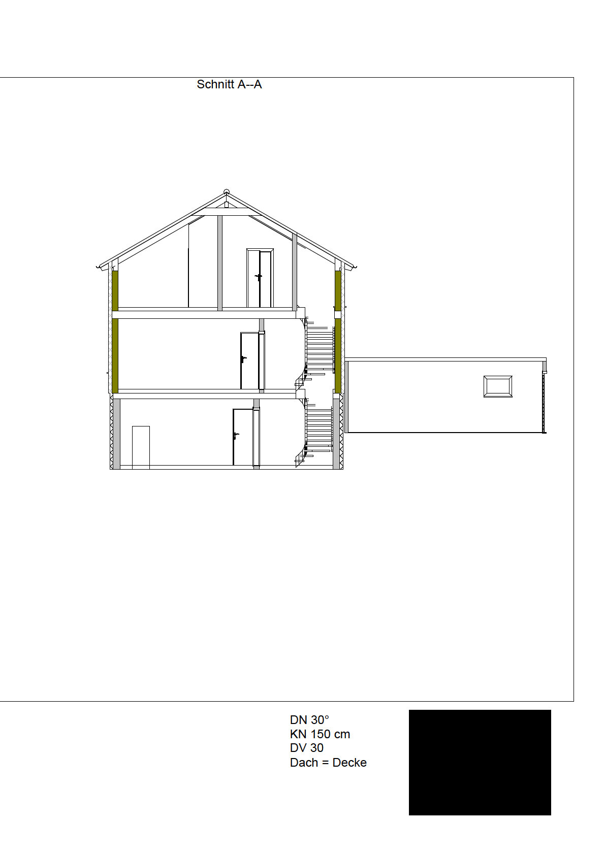 Schnitt A--A durch ein mehrstöckiges Wohnhaus mit Treppenhaus und Anbau rechts.
