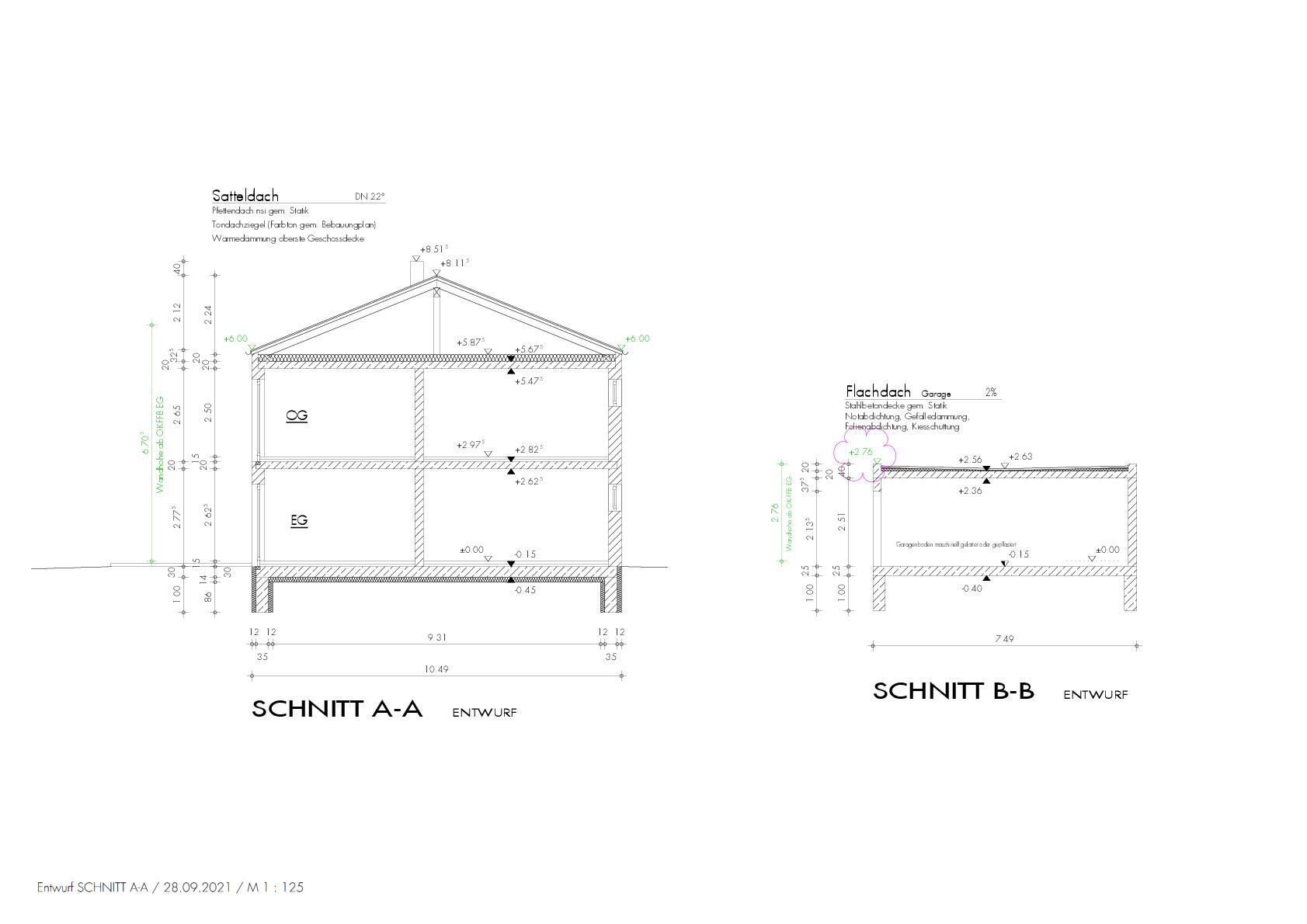Ansicht eines Hausquerschnitts mit Satteldach: Schnitte A-A und B-B (Entwurf)