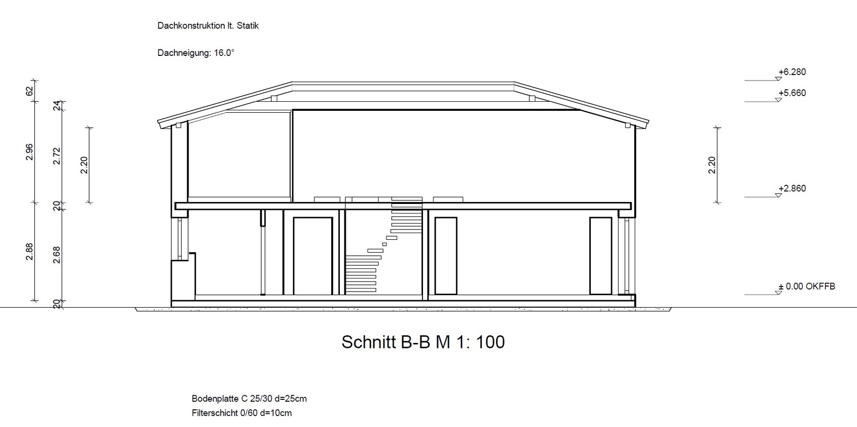 Schnitt B-B eines Hauses mit Treppe, Stockwerken und Fundament