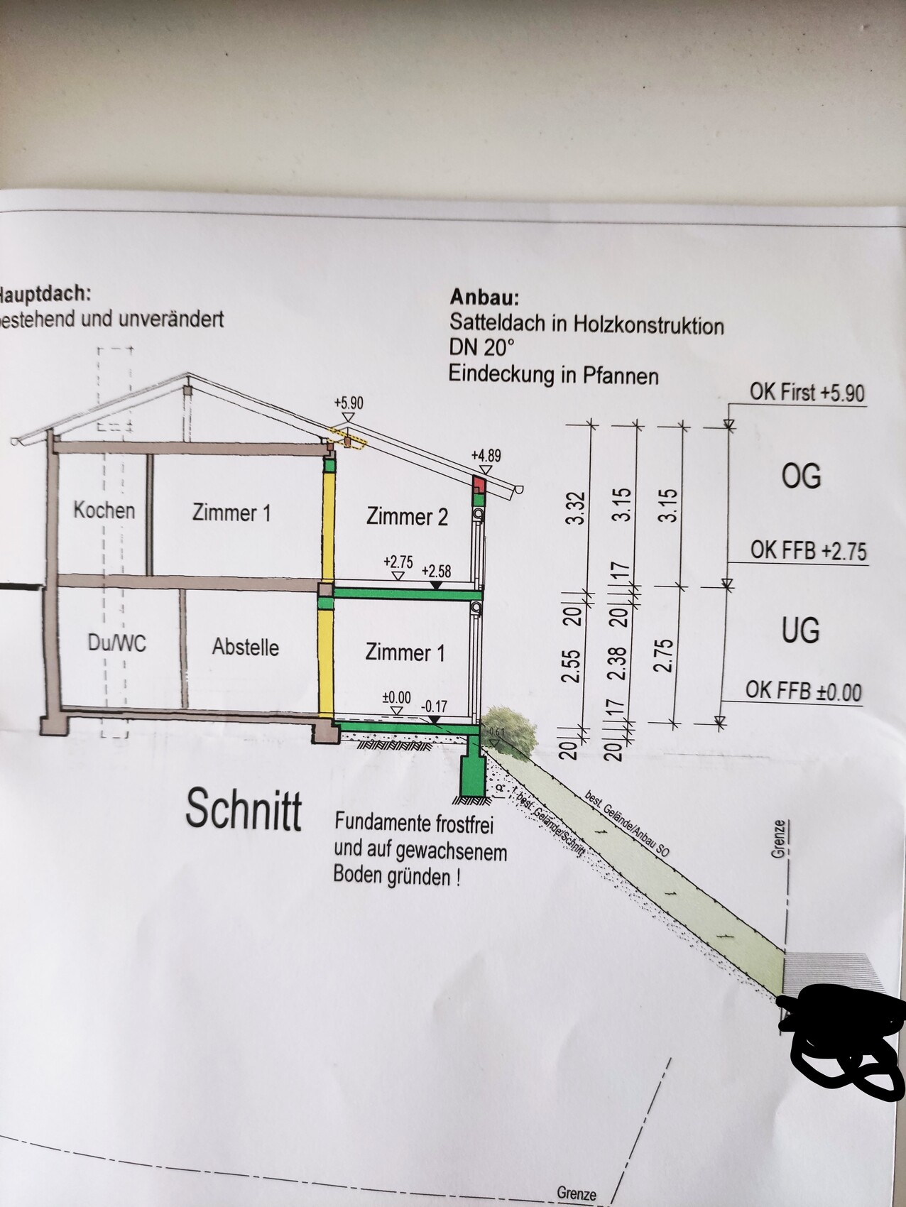 Querschnitt durch ein Haus: Küche, zwei Zimmer, Abstellraum, Du/WC, Fundamente und Dachkonstruktion.