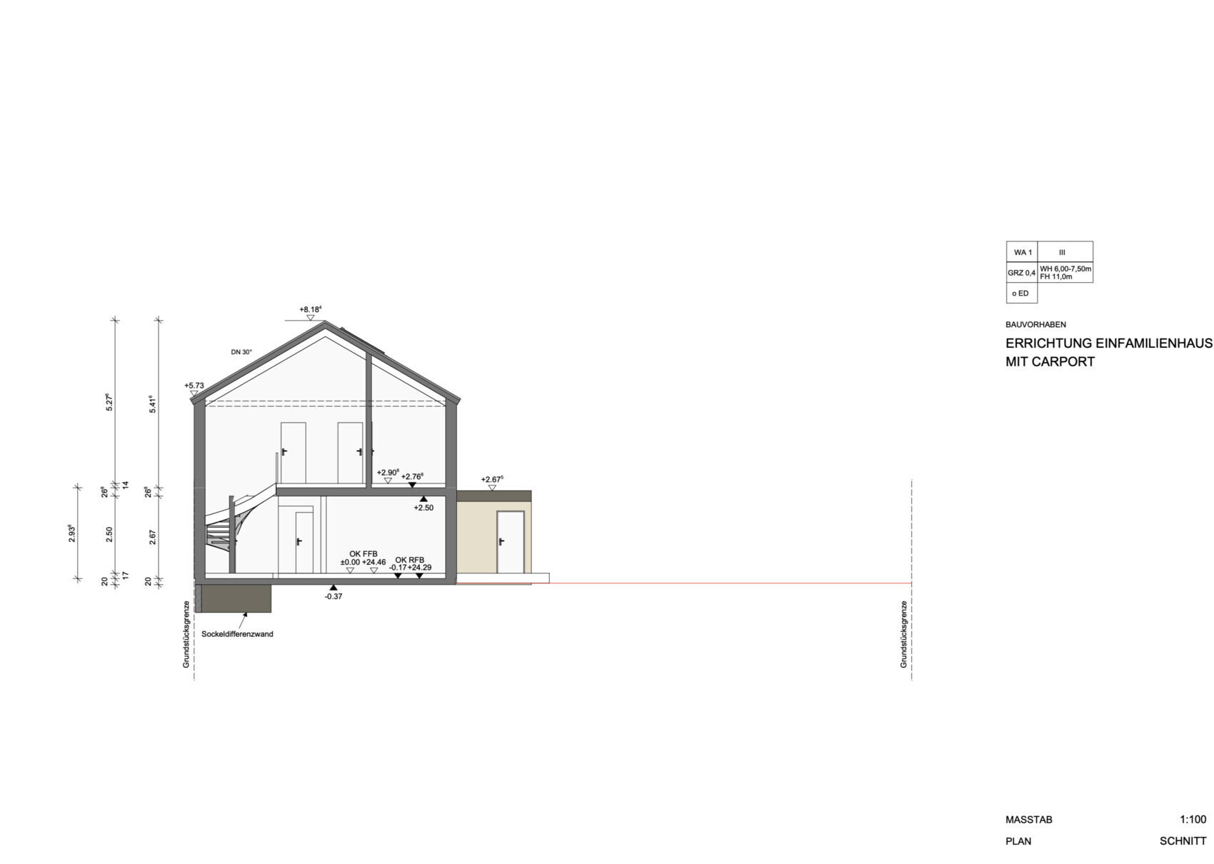 Schnittzeichnung eines Einfamilienhauses mit Carport, Treppenaufgang und Innenräumen.