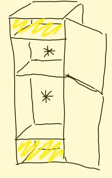 Skizze eines hohen Schranks mit offenen Fächern und gelber Markierung