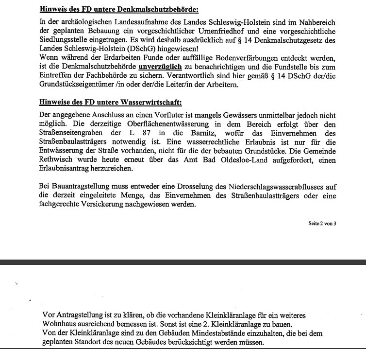 Seiteninhalt eines behördlichen Dokuments mit Hinweisen zu Denkmalschutz und Wasserwirtschaft