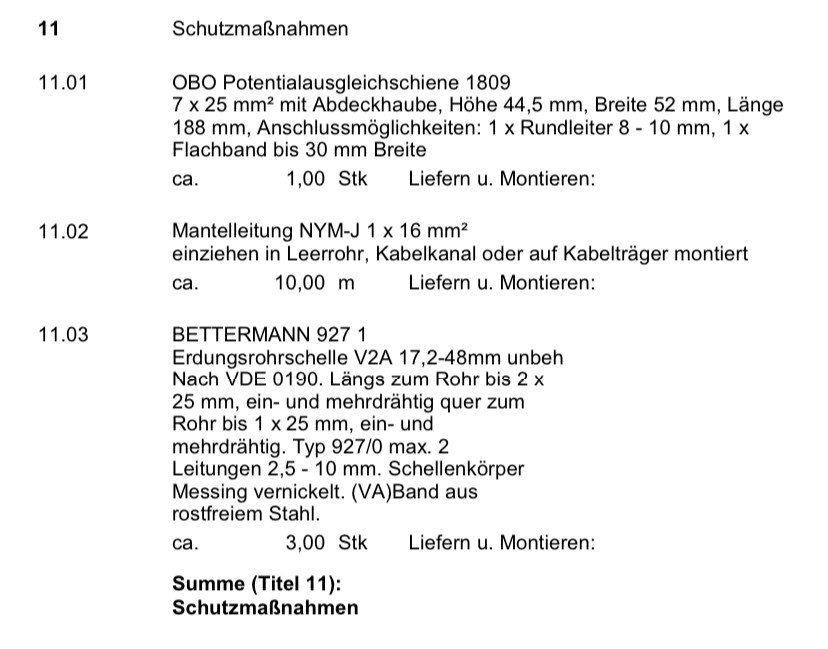 Schutzmaßnahmen: OBO Potentialausgleichsschiene, NYM-J 1x16 mm², Erdungsrohr, Montageanleitung.