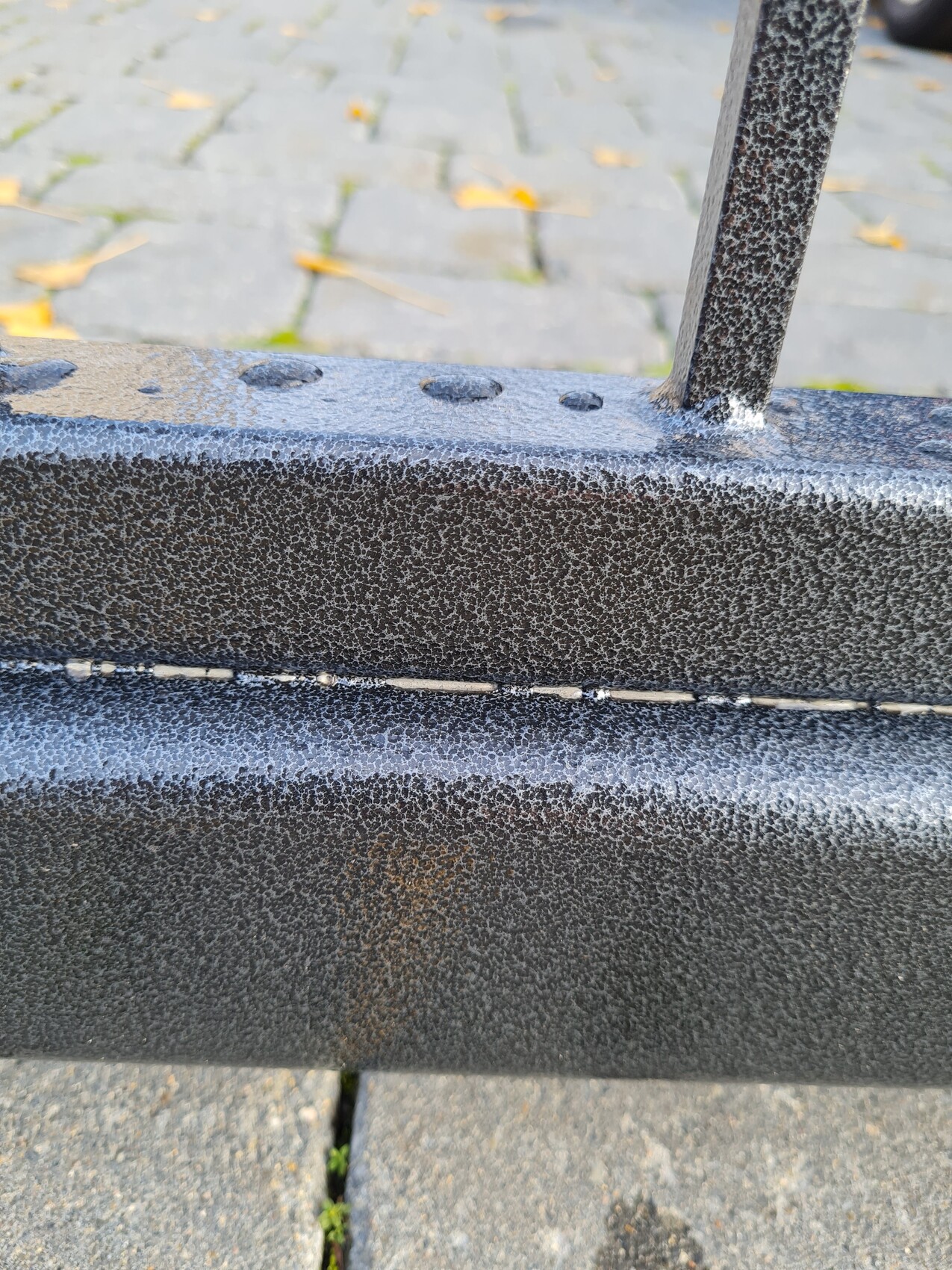 Schwarzer, rauer Metallrahmen mit vertikaler Stange; Pflaster mit Blättern im Hintergrund.