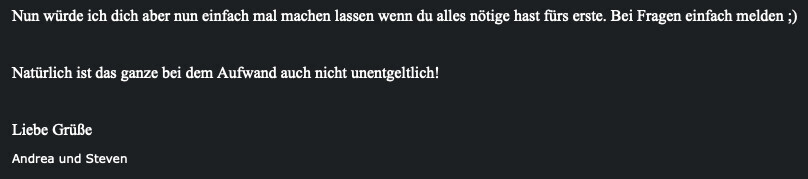 Dunkler Hintergrund mit weißem Text: Nachricht von Andrea und Steven, Liebe Grüße.