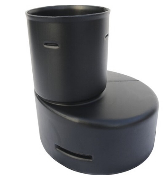 Schwarzer Kunststoff-Adapter mit zwei Ebenen, Rundbasis und vertikaler Säule mit seitlichen Schlitzen