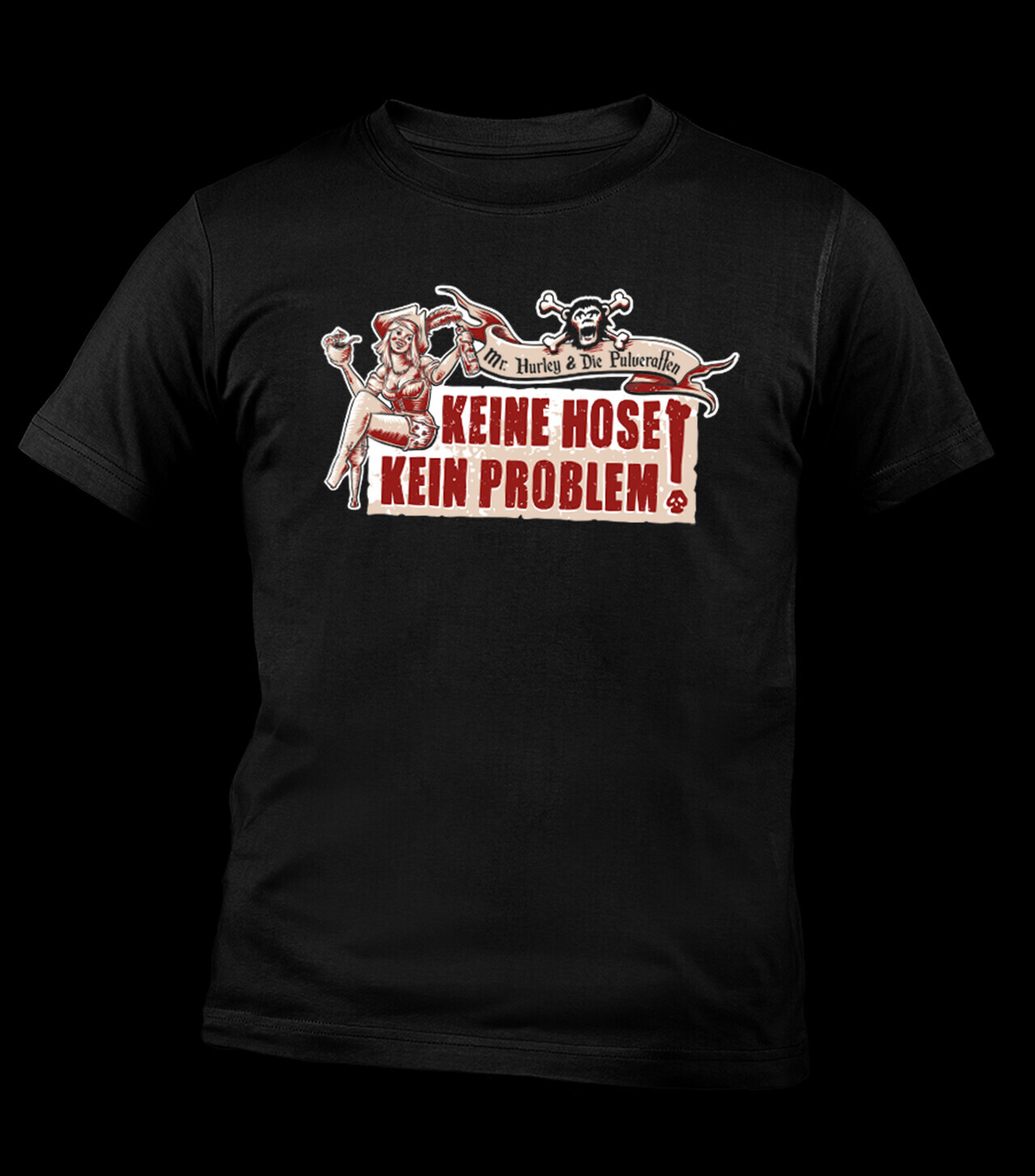 Schwarzes T-Shirt mit rotem Piraten-Print und Pin-up-Figur samt Text KEINE HOSET KEIN PROBLEM.