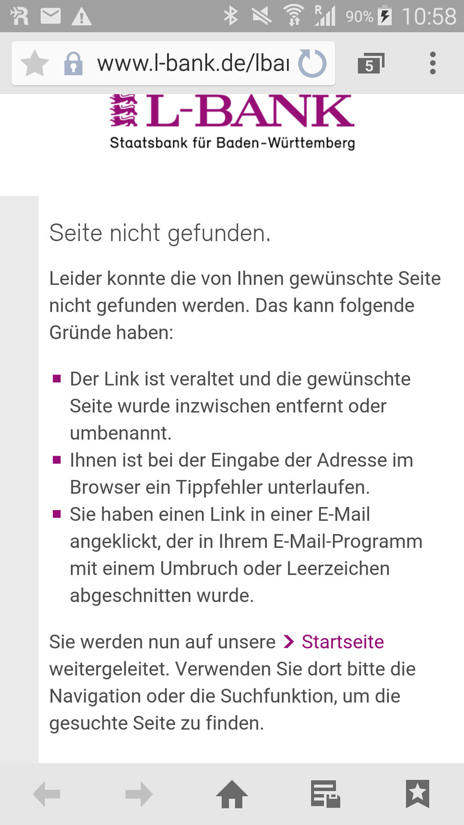 L-Bank-Fehlerseite: 'Seite nicht gefunden' mit Gründen wie veralteter Link.