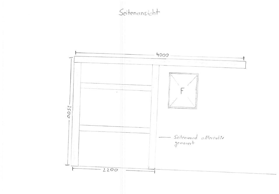 Seitenansicht einer Tür-/Fensterrahmen-Skizze mit Maßlinien und quadratischem Element F.