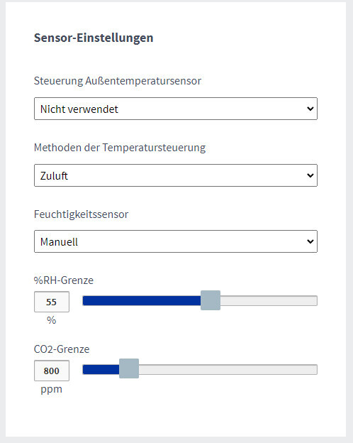 Sensor-Einstellungen: Außentemp. aus, Zuluft, manueller Feuchtigkeitssensor, RH 55%, CO2 800 ppm
