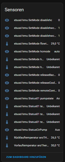 Dunkles Dashboard zeigt Sensorenliste: Symbole, Temperaturwerte und Modi.