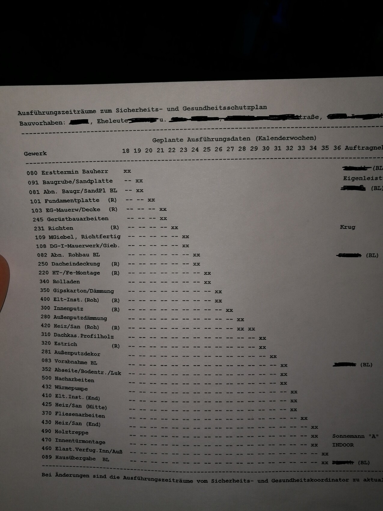 Schwarzweißes Bauplan-Dokument mit Gewerke-Liste und Kalenderwochen