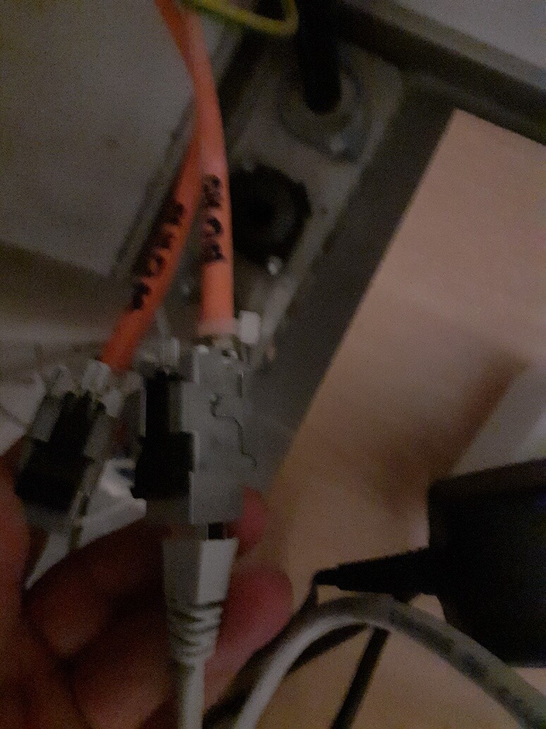 Nahaufnahme orangefarbener Ethernet-Kabel mit RJ45-Steckern in einer Netzwerkschnittstelle