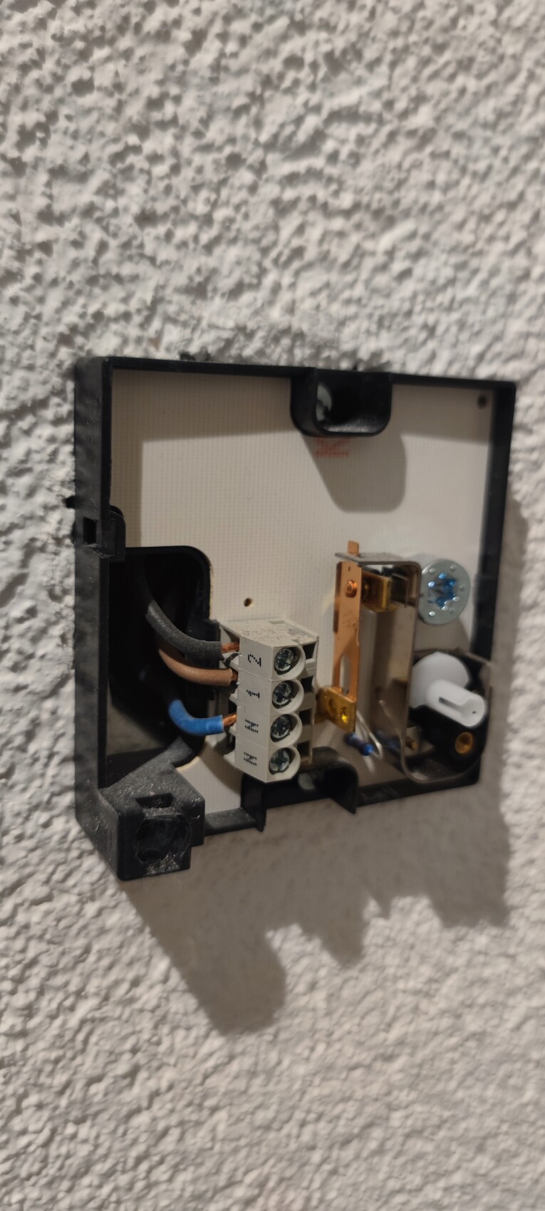 Offene Wand-Dose mit Klemmleiste, Drahtkabeln und Bauteilen eines Schalters im Innenraum.