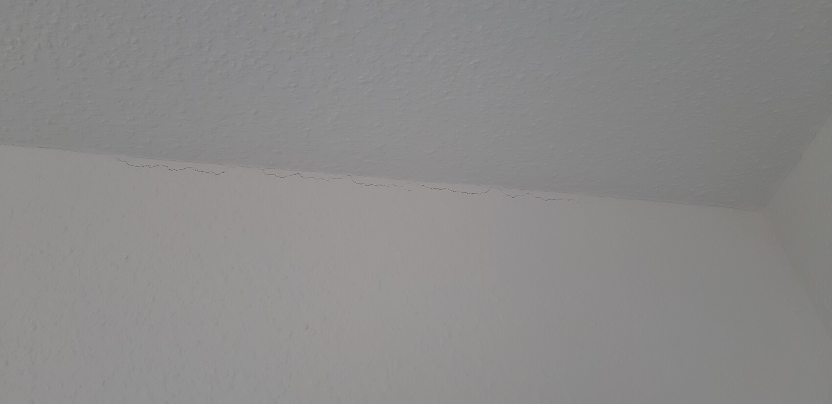 Riss an der Decke-Wand-Kante in einer Ecke; Decke grau, Wand hell.