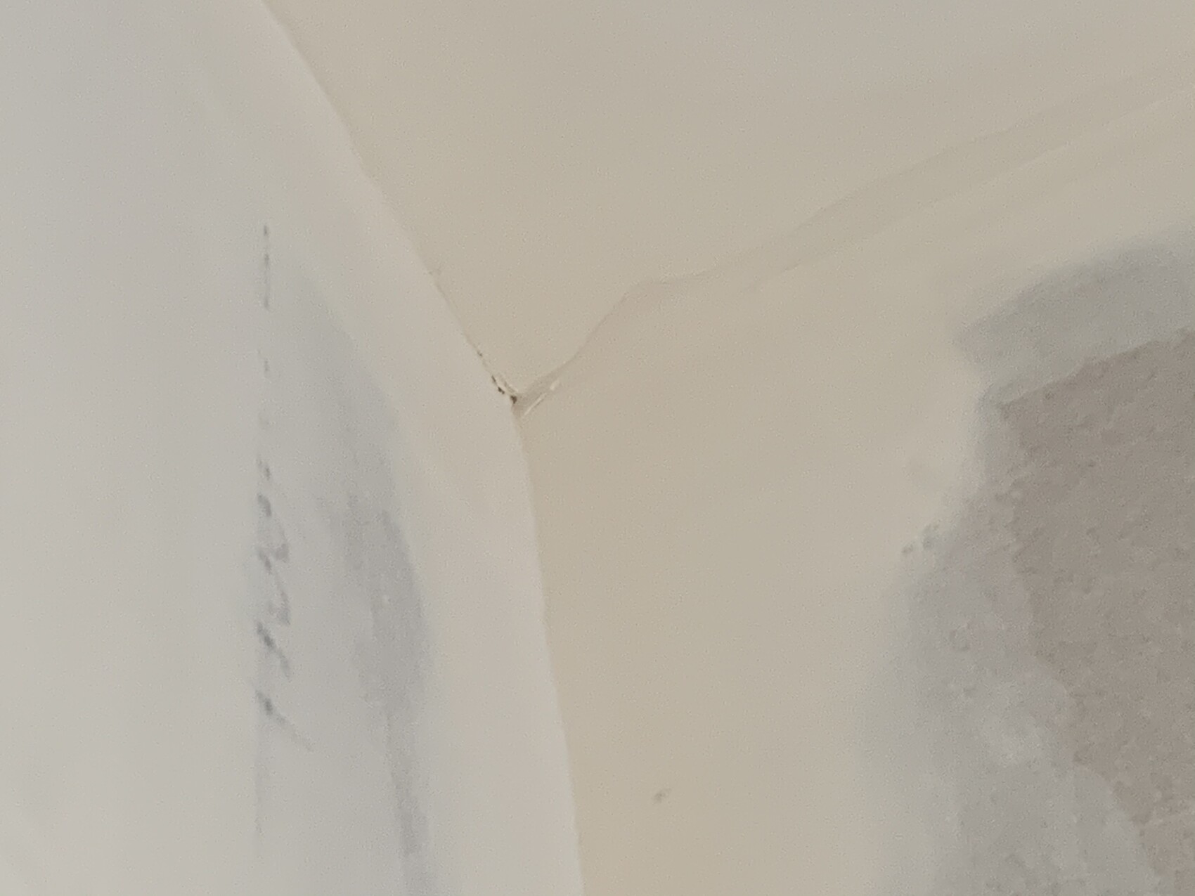 Nahaufnahme von weißem Porzellan mit feinem Haarriss zwischen zwei runden Flächen.
