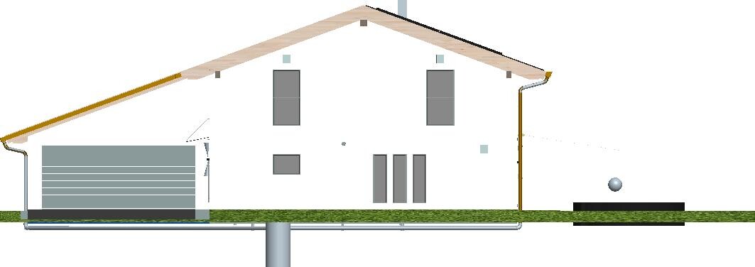 Außenansicht eines Einfamilienhauses mit Garage, Dachstuhl, Garten und Rohrleitungen.