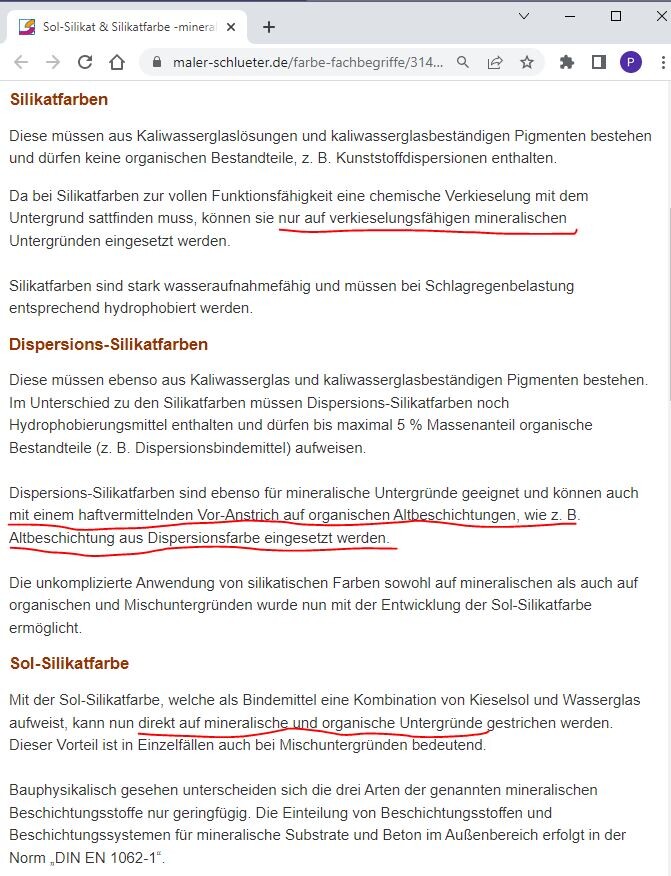 Info-Seite zu Silikatfarben mit Abschnitten zu Silikat- und Dispersionsfarben