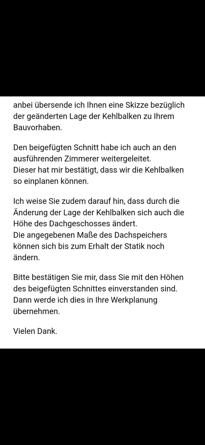 Textseite mit Hinweis auf Änderung der Lage der Kehlbalken und Bauanweisungen.