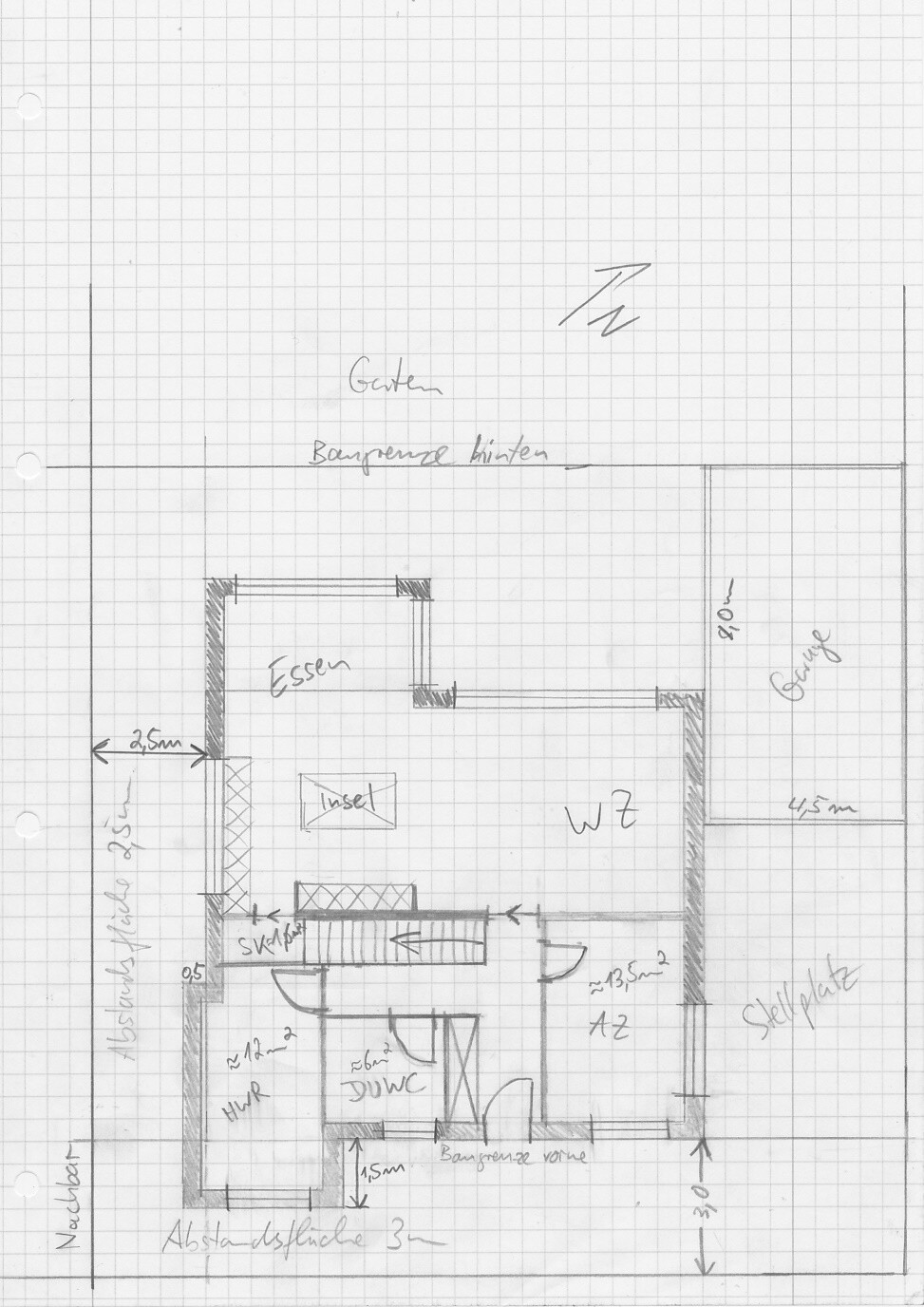 Handgezeichneter Grundriss eines Hauses mit Wohnzimmer, Essbereich, Kueche, Bad, Flur, HWR, Garten.