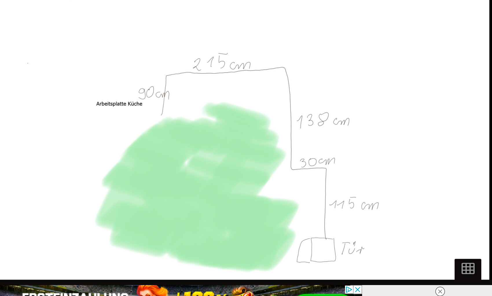 Grundriss einer Küche mit Maßangaben (215 cm oben, 138 cm rechts); große grüne Fläche.