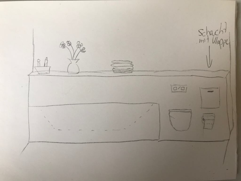Skizzenhafte Küchenarbeitsplatte mit Vase, Blumen und Tellerstapeln.