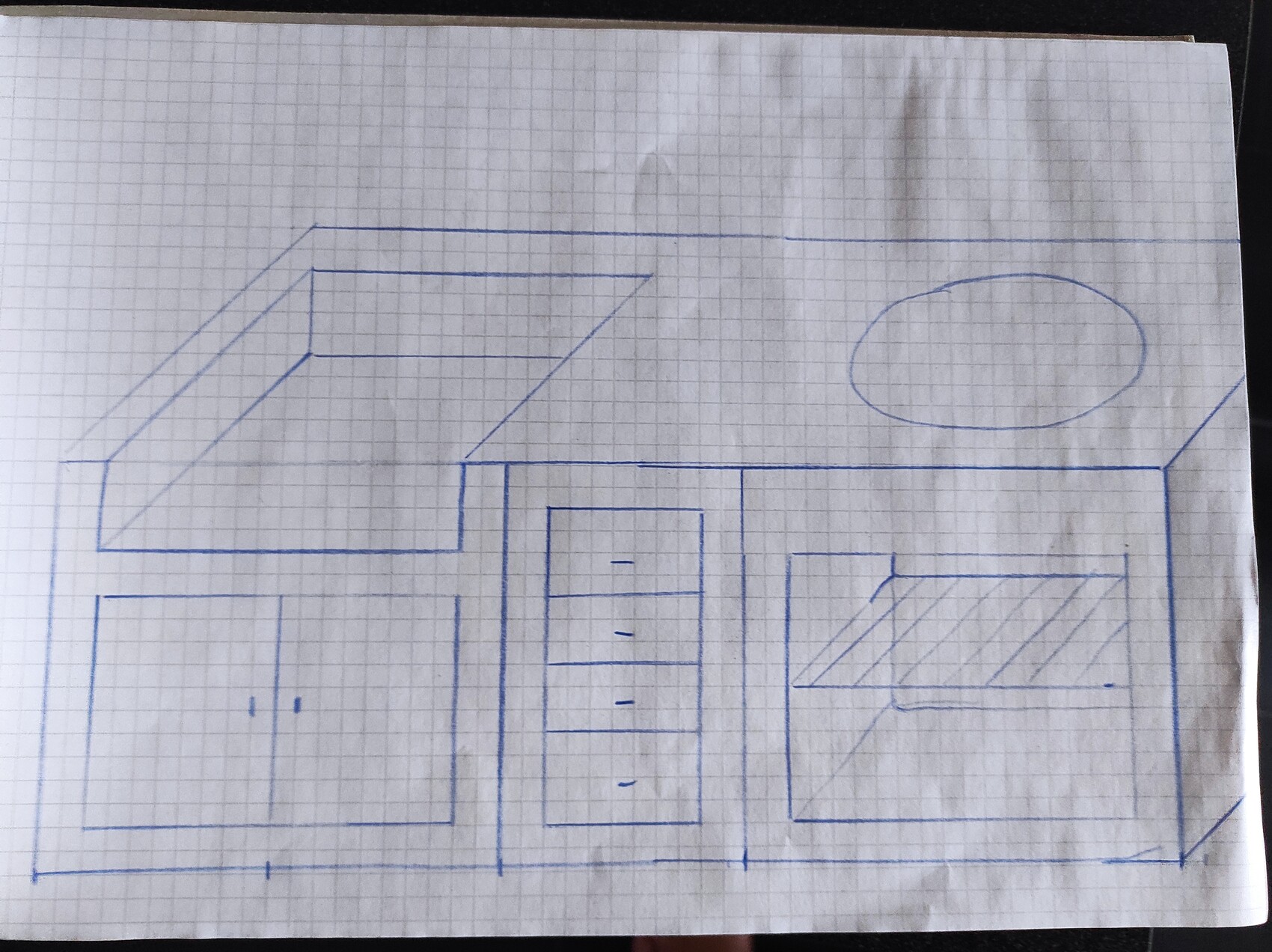 Skizze einer Küchenzeile mit Unterschränken, Schubladen, Backofen und ovalem Spülbecken.