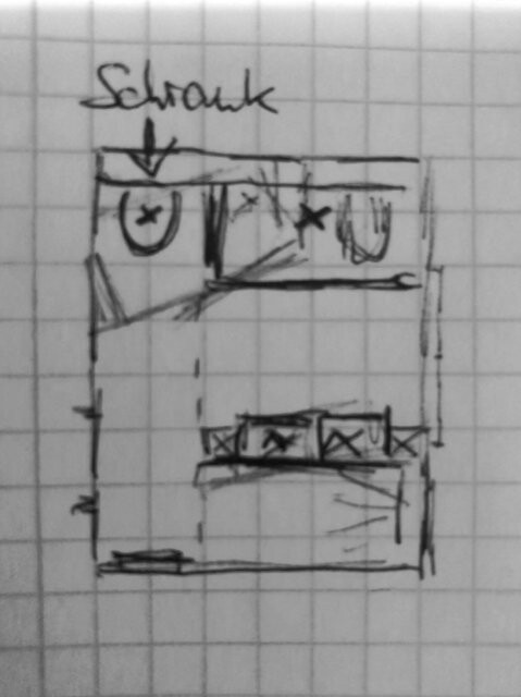 Skizze eines Zimmers: Bett unten, Schrank oben links, Tisch in der Mitte, Fenster rechts.