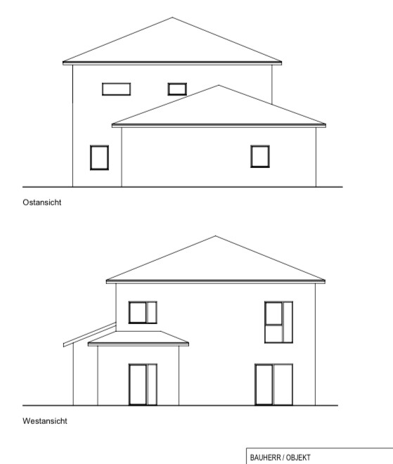 Architekturzeichnung: Haus mit Ost- und Westansicht, einfache Linienzeichnung.