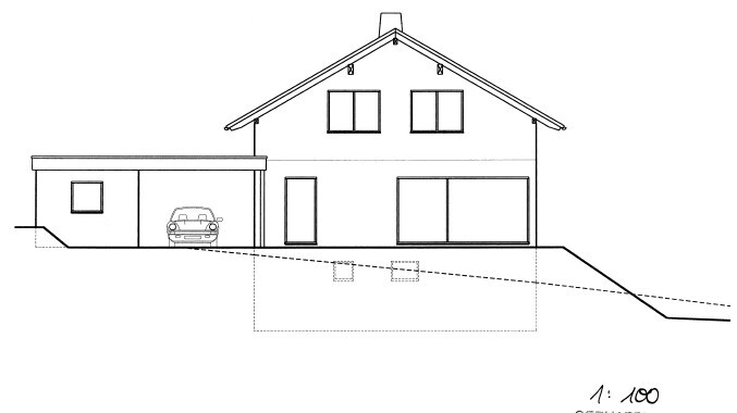 Zweistöckiges Haus mit Garage links, Auto davor, große Fensterfront, Hanggrundstück - Bauzeichnung.
