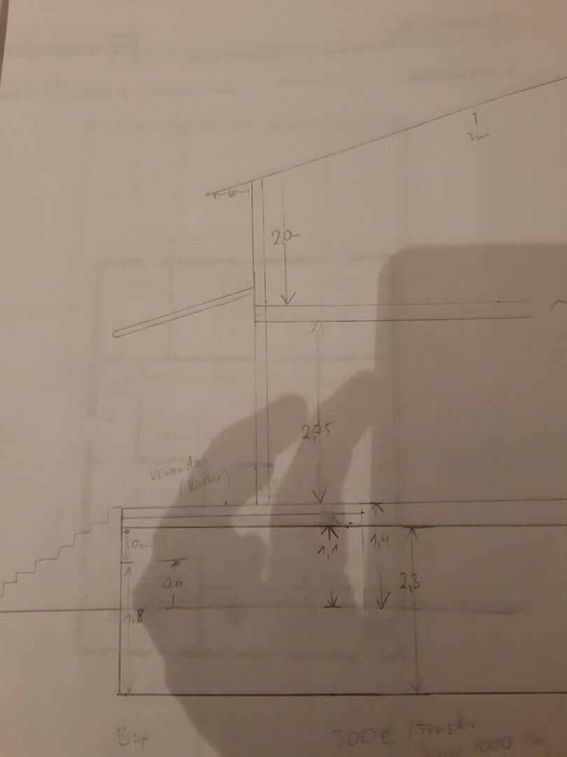 Skizze eines Innenraumschnitts: Treppe links, Wand, geneigtes Dach, Maßlinien und Pfeile.